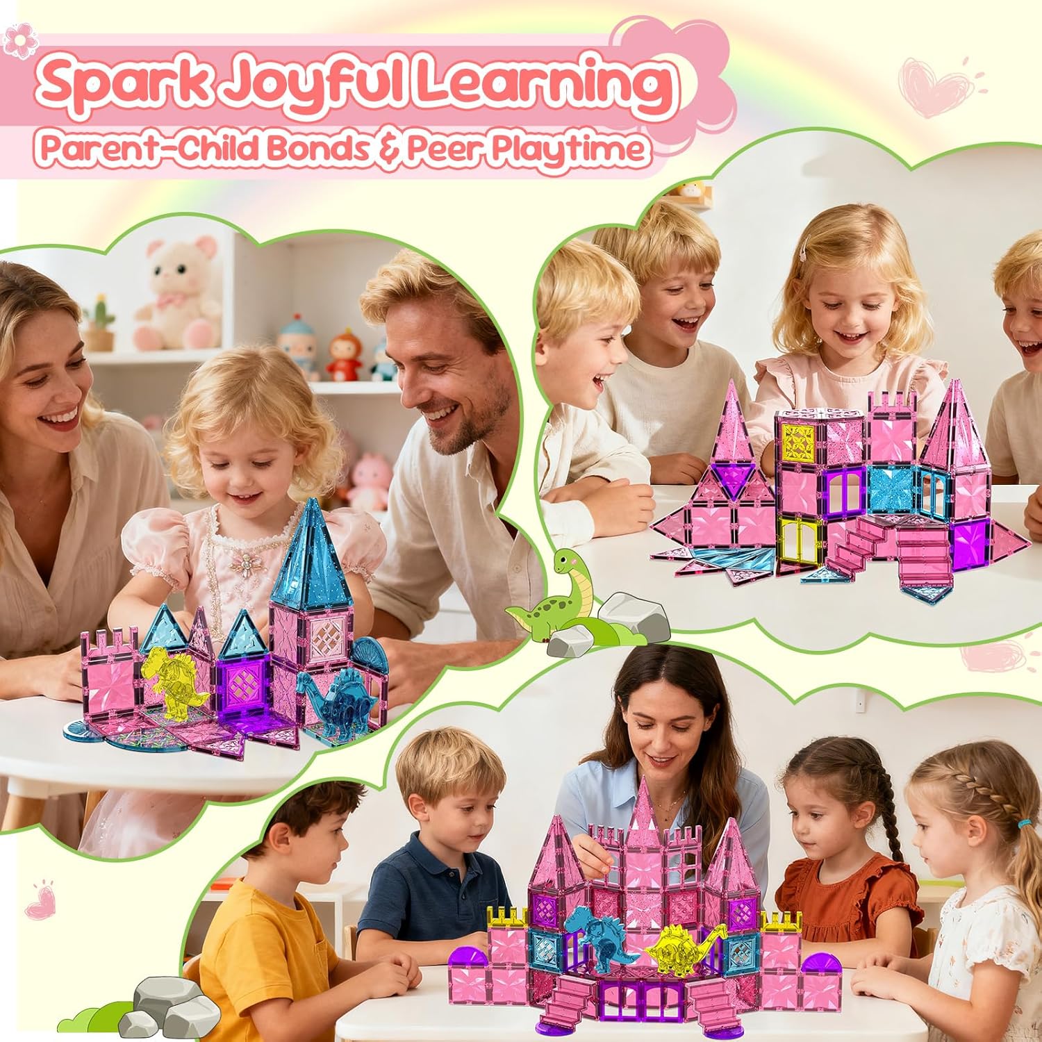 60PCS Dinosaur Toys Magnetic Tiles for Girls, Magnetic Building Blocks Sensory Dino Toy for Girl Ages 3-5 4-8 Year Old, Girl Toys Dinosaur Decorations Birthday Gifts for 3+ Years Old Kids Boys - Image 4