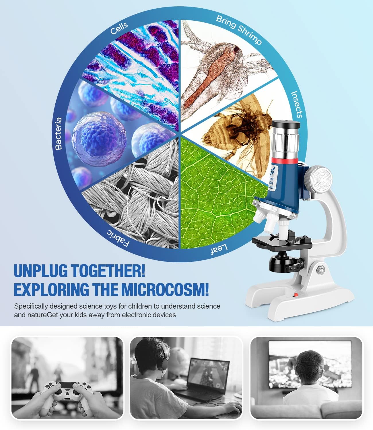 58-Piece Kids Microscope Kit - 100X-1200X Magnification, Metal Body, LED Light, Carrying Box - Science Experiment Toy for Kids Ages 5-12 - Image 3