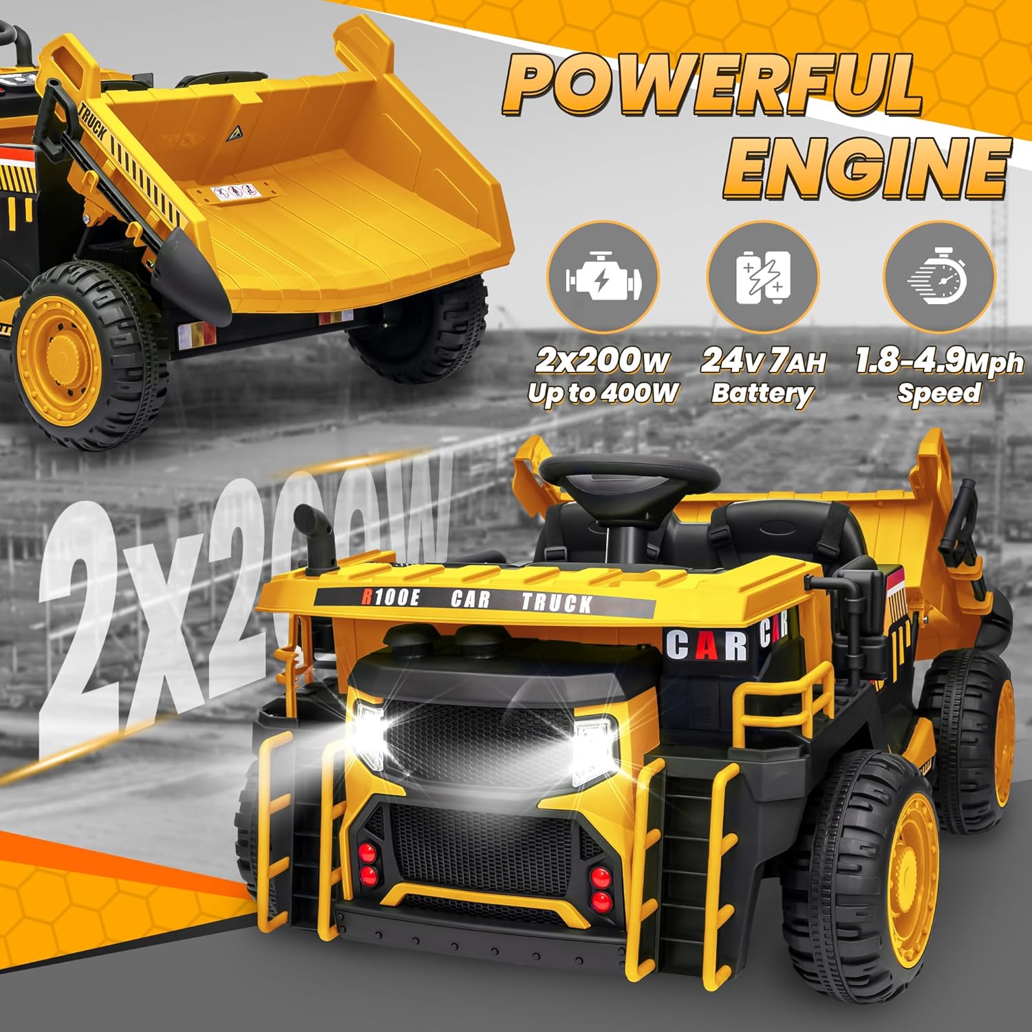 JOYRACER 24V 2 Seater Ride on Dump Truck w/400W Motors, Kids Electric Truck w/20'' Two Seater Ride on Construction Vehicle w/Dump Bed and Shovel, 4.9MPH Max, Power Car Wheelers for Kids, Yellow - Image 3