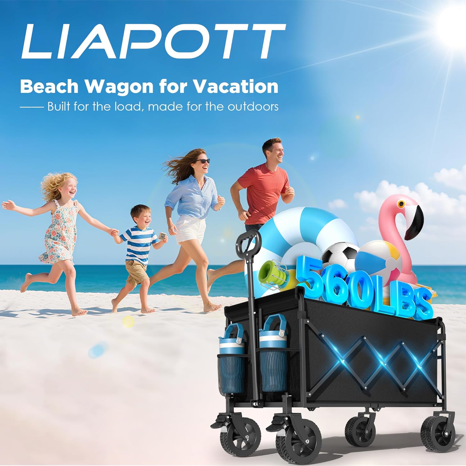 Wagons Carts Foldable, Beach Wagon with Brakes & All-Terrain Wheels 560LBS Capacity Collapsible Wagon for Trips, Outdoor Camping, Sports & Garden Use - Image 7