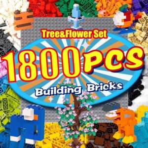 1800 Pieces Building Bricks Set,Building Bulks Blocks with 1 Packs 24×24 Studs Sticky Plates,205 Pcs Flowers and Tree Set, 14 Colors 18 Random Bulk Shapes, Creative Toy Gift for Boys Girls