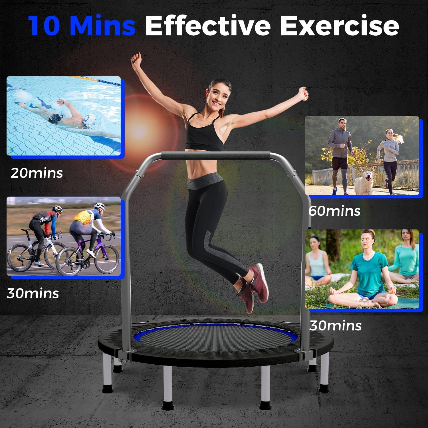 40"/48" Rebounder Trampoline for Adults Mini Trampoline for Adults and Kids Exercise Rebounder with Bar Fitness Trampoline Indoor Height Adjustable Max Load 330/440lbs - Image 7