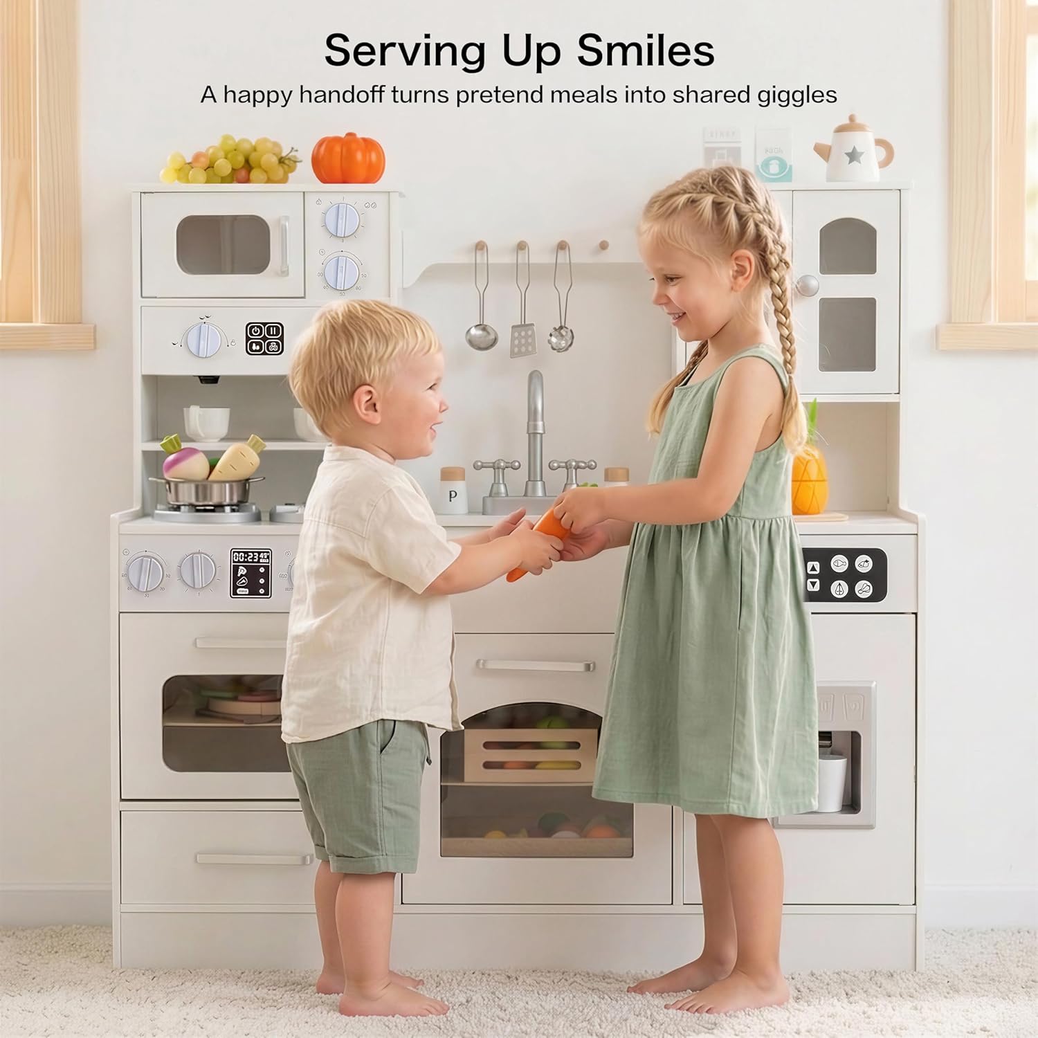 Wooden Play Kitchen for Toddlers and Kids with Lights & Sounds, Large Interactive Pretend Play Set with Ice Maker, Stove, Sink, Oven, 12 Accessories - Ages 3-8 - Image 6