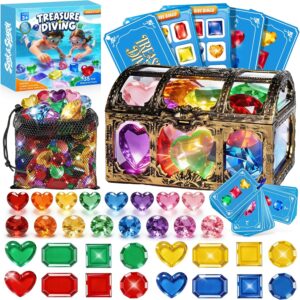 Diving Gem Pool Toys, Search & Find Water Game with 80 Colorful Gems, 40 Waterproof Cards, Pirate Treasure Chest, Swimming Pool Dive Toy, Summer Birthday Party Gift for Kids Ages 6 7 8 9 10+