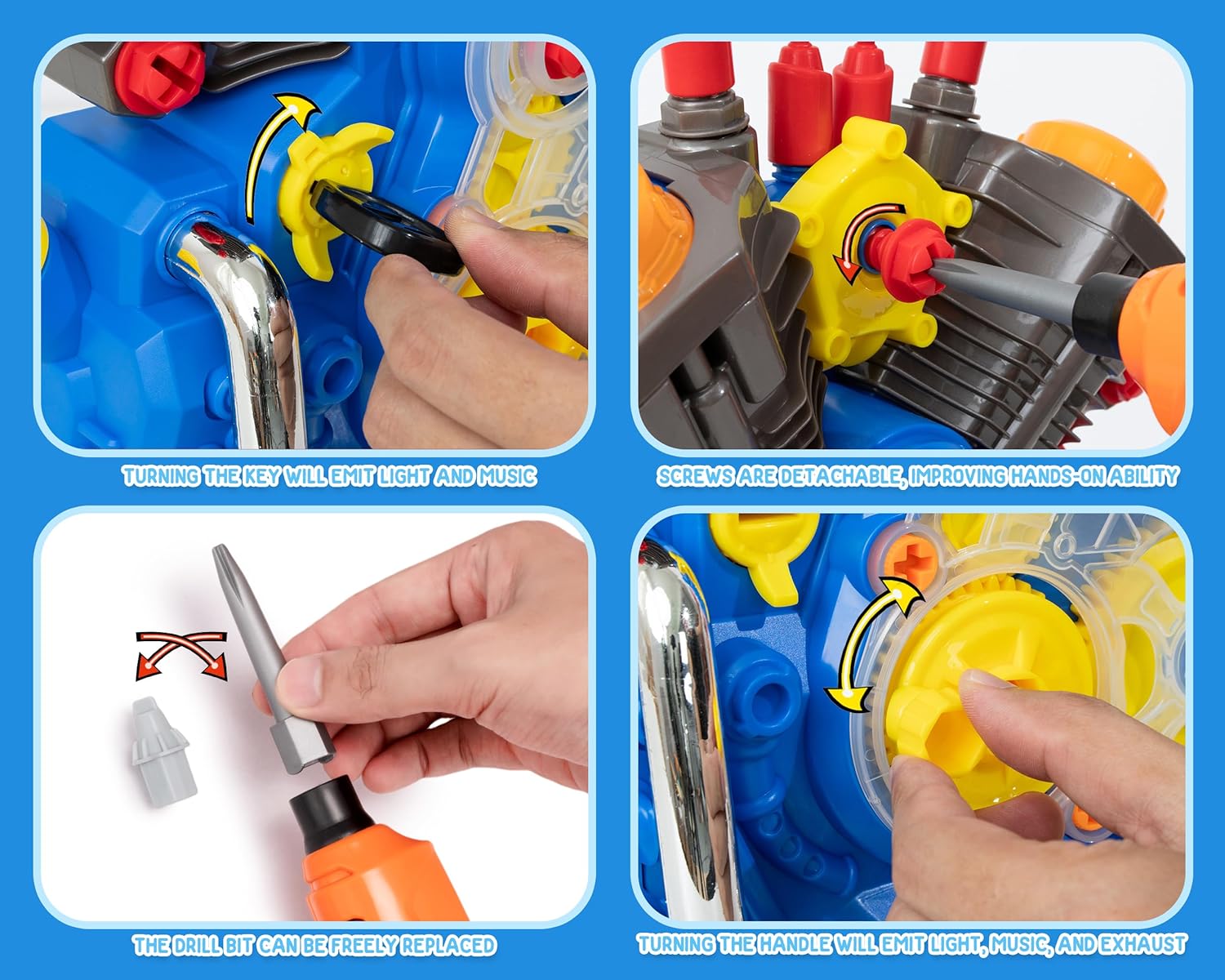 POFJOEQ Engine Building Kit, Kids Mechanic Repair Set for Kids Motorcycle Engine,Take Apart Toys-42pc Playset,STEM Engine Model Kit Toy with Cool Lights&Sounds,Educational Toys for 3+ Year Old (Blue) - Image 4