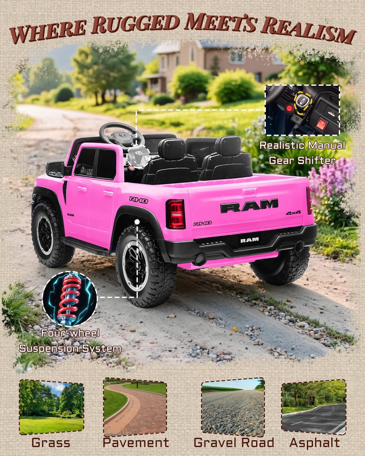 First Ride On 24V Ride On Toys for Big Kids, RAM 1500 2 Seater Ride on Car w/Remote, Battery Powered Truck w/ 4 Wheels Suspension, Toddler Car w/Bluetooth, LED Lights, Trunk - Image 8