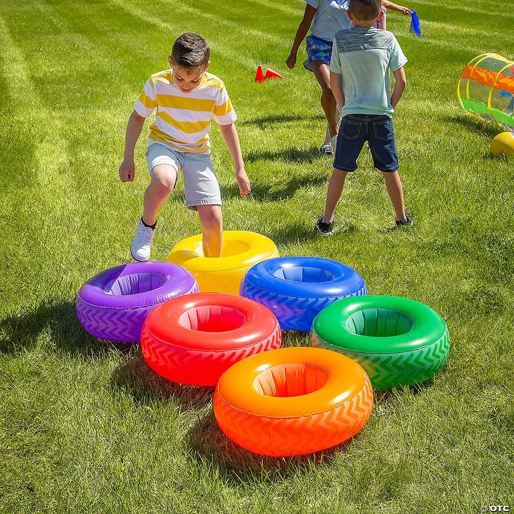 Fun Express Inflatable Obstacle Course Tires for Kids PE Equipment - 6 Colorful Vinyl Tires Set for Indoor Outdoor Games | Perfect for Ages 3-12 Backyard Field Day Activities - Image 3
