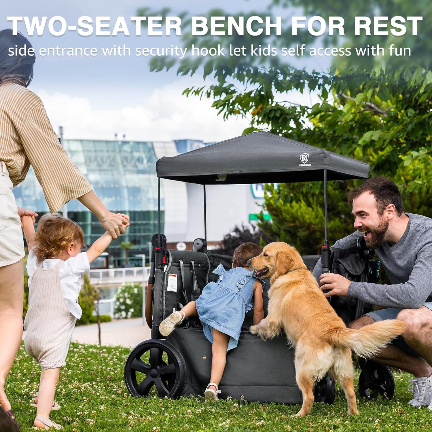 EVER ADVANCED Side-Unzip Stroller Wagon for 2 Kids - 2-in-1 Bench Mode & All-Terrain Push-Pull Wagon - Spica Cast & Special Needs Friendly - JPMA Certified, UV Canopy, Foldable for Zoo, Beach & Travel - Image 2
