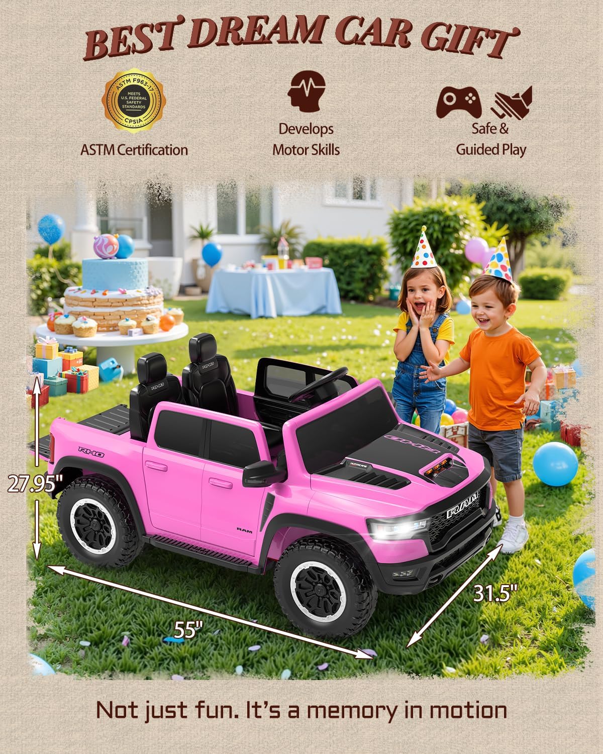 First Ride On 24V Ride On Toys for Big Kids, RAM 1500 2 Seater Ride on Car w/Remote, Battery Powered Truck w/ 4 Wheels Suspension, Toddler Car w/Bluetooth, LED Lights, Trunk - Image 6