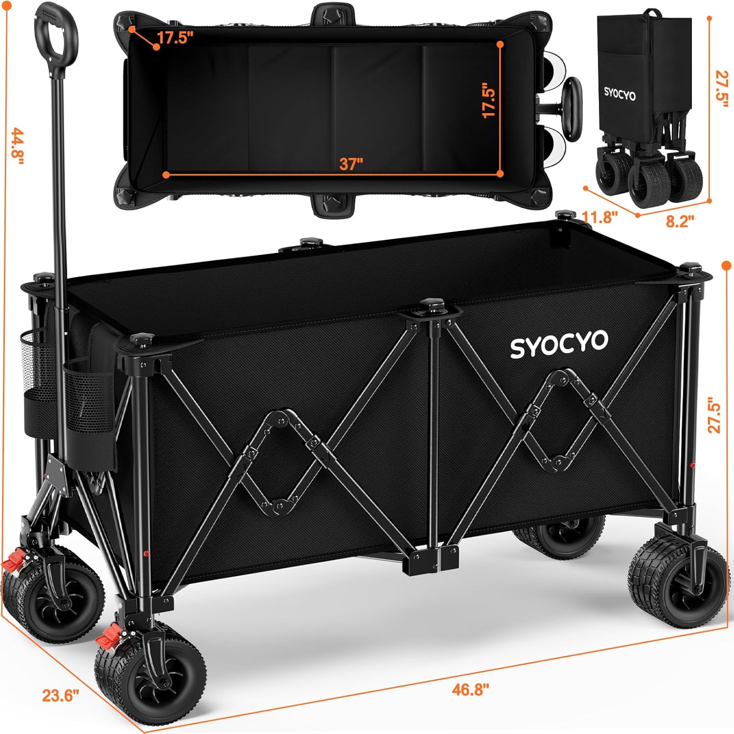 Beach Wagon Carts Foldable 570LBS Collapsible Wagon with Big All-Terrain Wheels for Sand 330L Heavy Duty Utility Carts with Cup Holders for Garden, Camping, Grocery, Black - Image 7