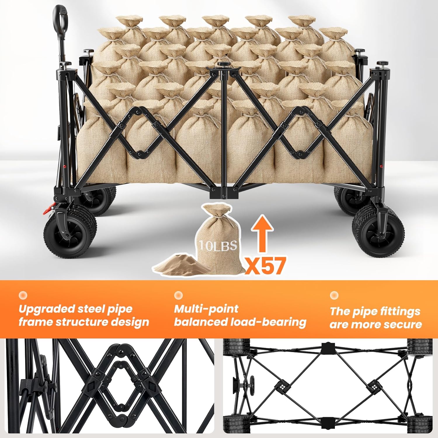 Beach Wagon Carts Foldable 570LBS Collapsible Wagon with Big All-Terrain Wheels for Sand 330L Heavy Duty Utility Carts with Cup Holders for Garden, Camping, Grocery, Black - Image 5