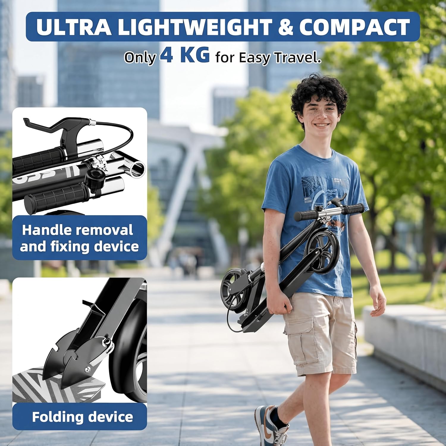 Non-Electric Scooters for Kids 8-12, Teens & Adults - Foldable Commuter Scooter with 8" Wheels, Bell, Hand Brake & Adjustable Height 30"-40.5", 220LB Capacity, Manual Push Scooter for Campus & Park - Image 8