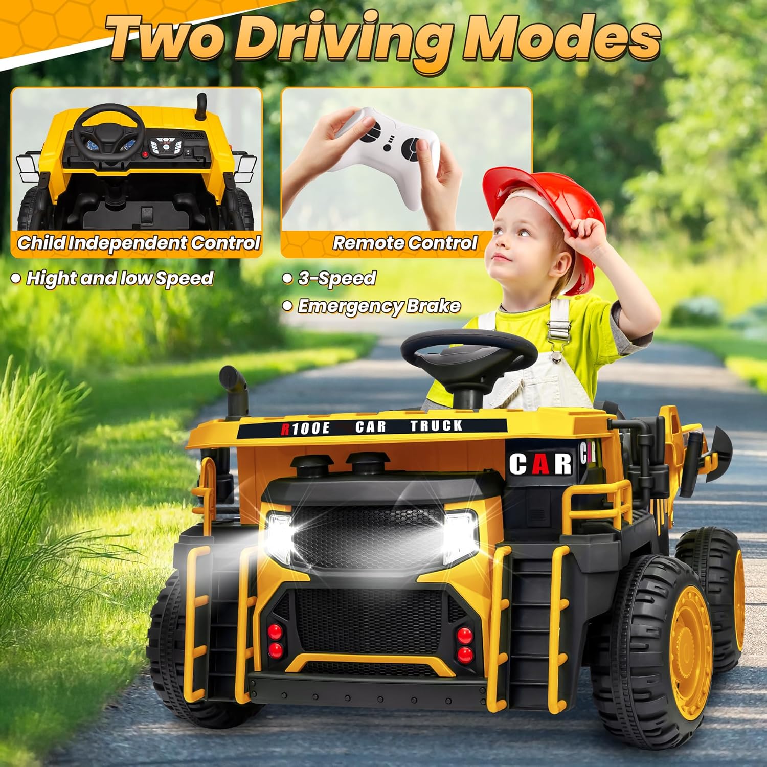 JOYRACER 24V 2 Seater Ride on Dump Truck w/400W Motors, Kids Electric Truck w/20'' Two Seater Ride on Construction Vehicle w/Dump Bed and Shovel, 4.9MPH Max, Power Car Wheelers for Kids, Yellow - Image 6