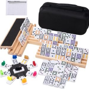 Mexican Train Double 12 Dominoes Set – 91 Tiles with 4 Wooden Trays & Travel Case, Family Board Game for Adults Kids Party Travel