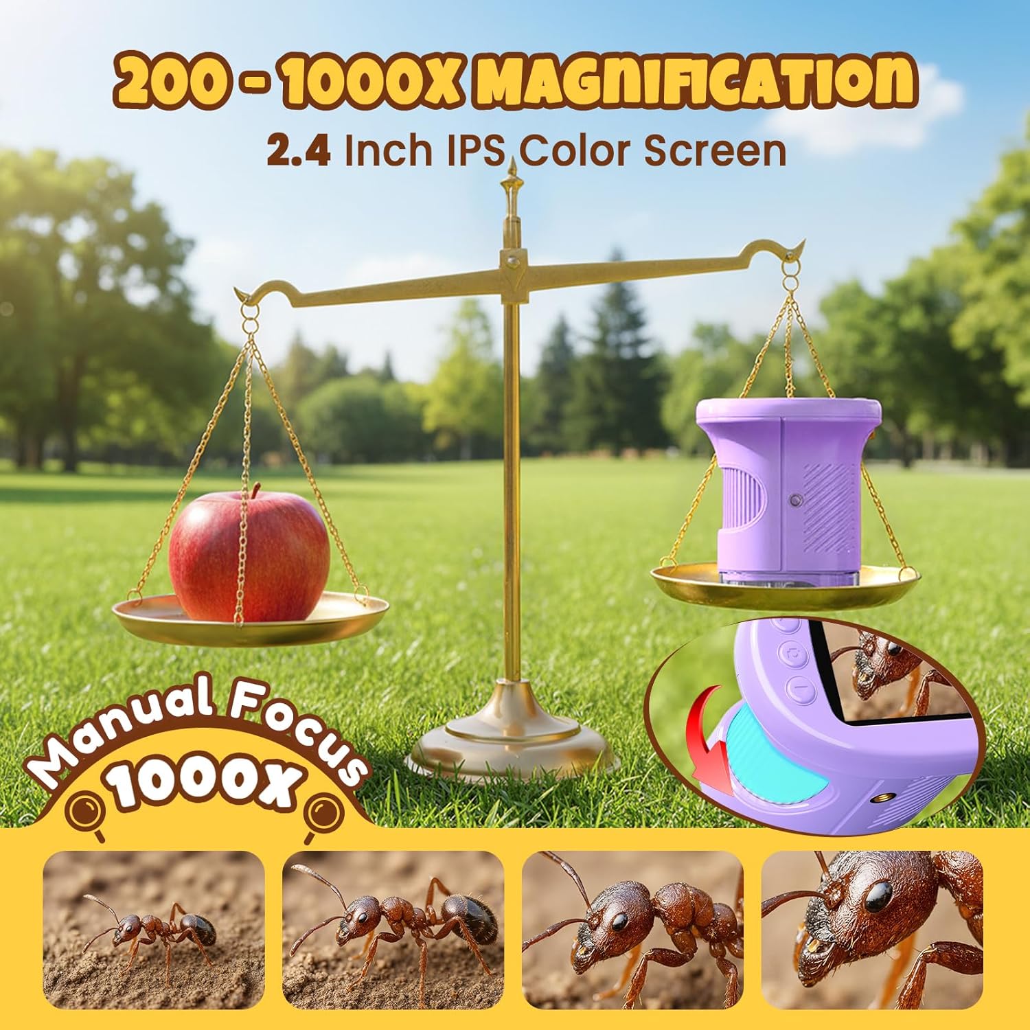 Handheld Digital Mini Microscope for Kids: 1000X 4K Portable Pocket 2.4" Screen Microscopes Toys STEM Electronic Learning Educational Science Kit 8-12 Birthday Gift 4 5 6 7 Year Old Boy Girl (Purple) - Image 2