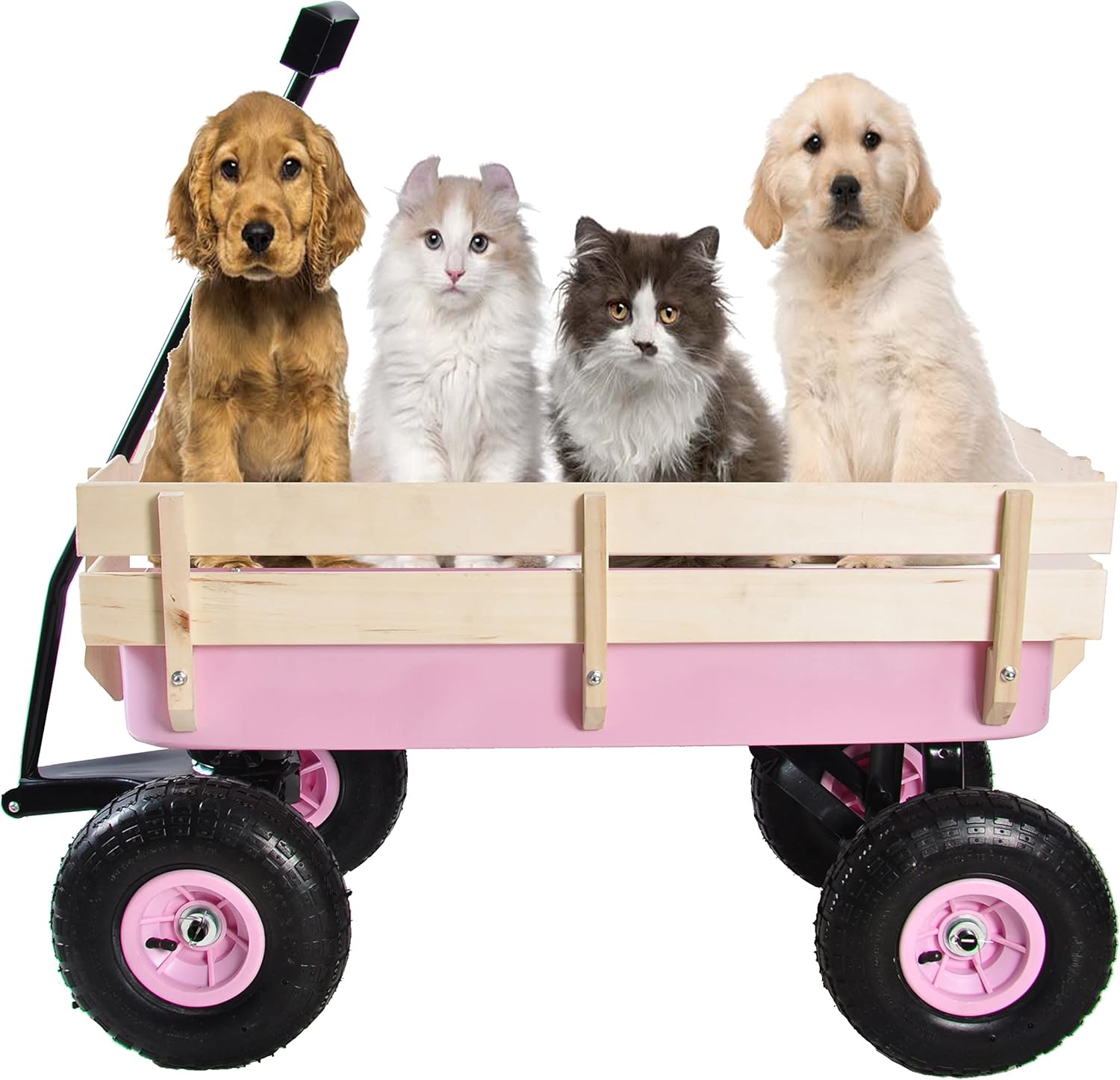 ZeHuoGe Outdoor Sport Pink Wagon All Terrain Pulling w/Removable Wooden Side Panels Air Tires Big Foot Panel Wagon, Pull-Along Wagons (Pink) - Image 2