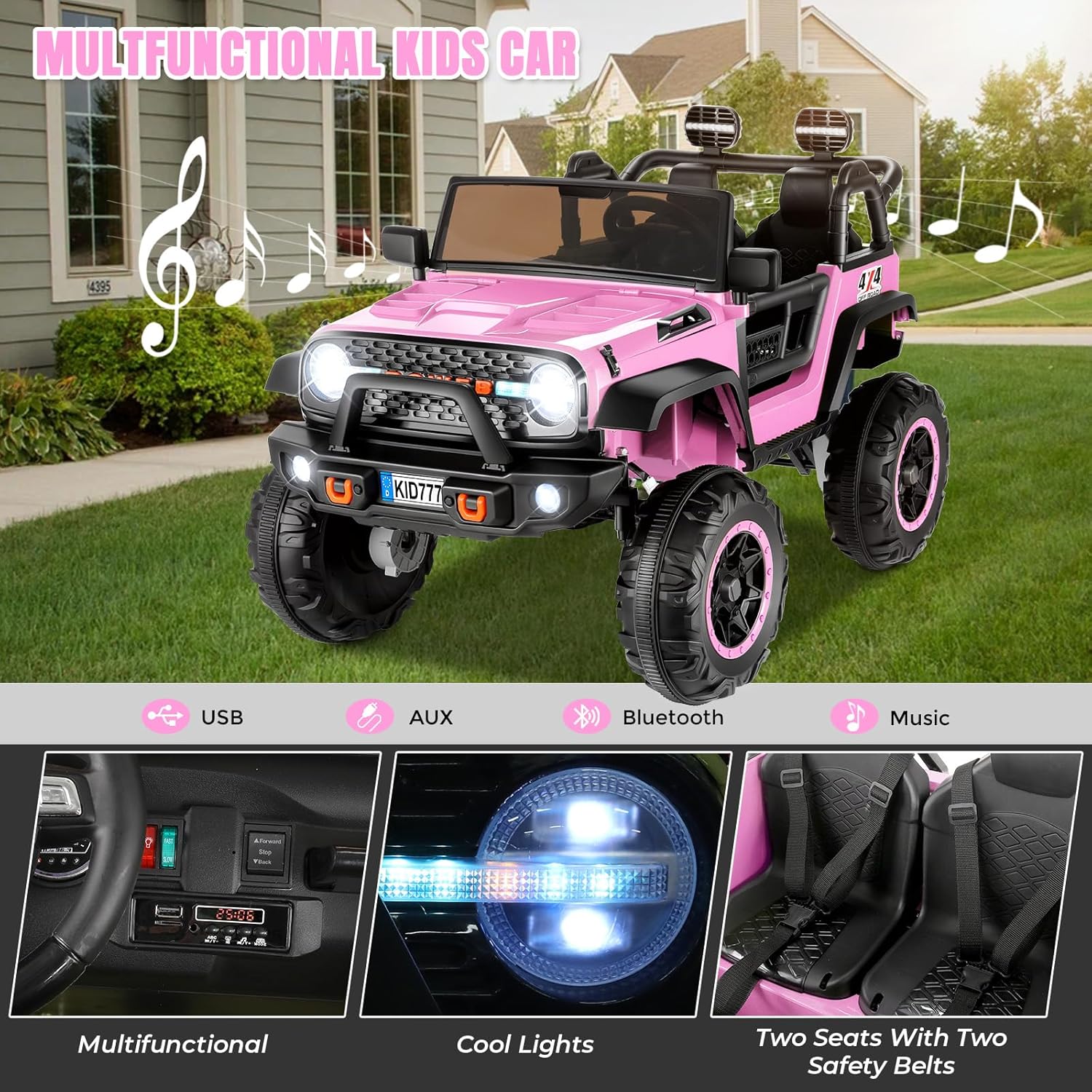Hikole 24 Volt Ride On Car with Remote Control, 2WD/4WD Switchable 2 Seater XL Electric Car for Kids w/20 Inch Wide Seat, 4X100W Power Toys Wheels 24v Vehicles for Girls w/Music - Pink - Image 6