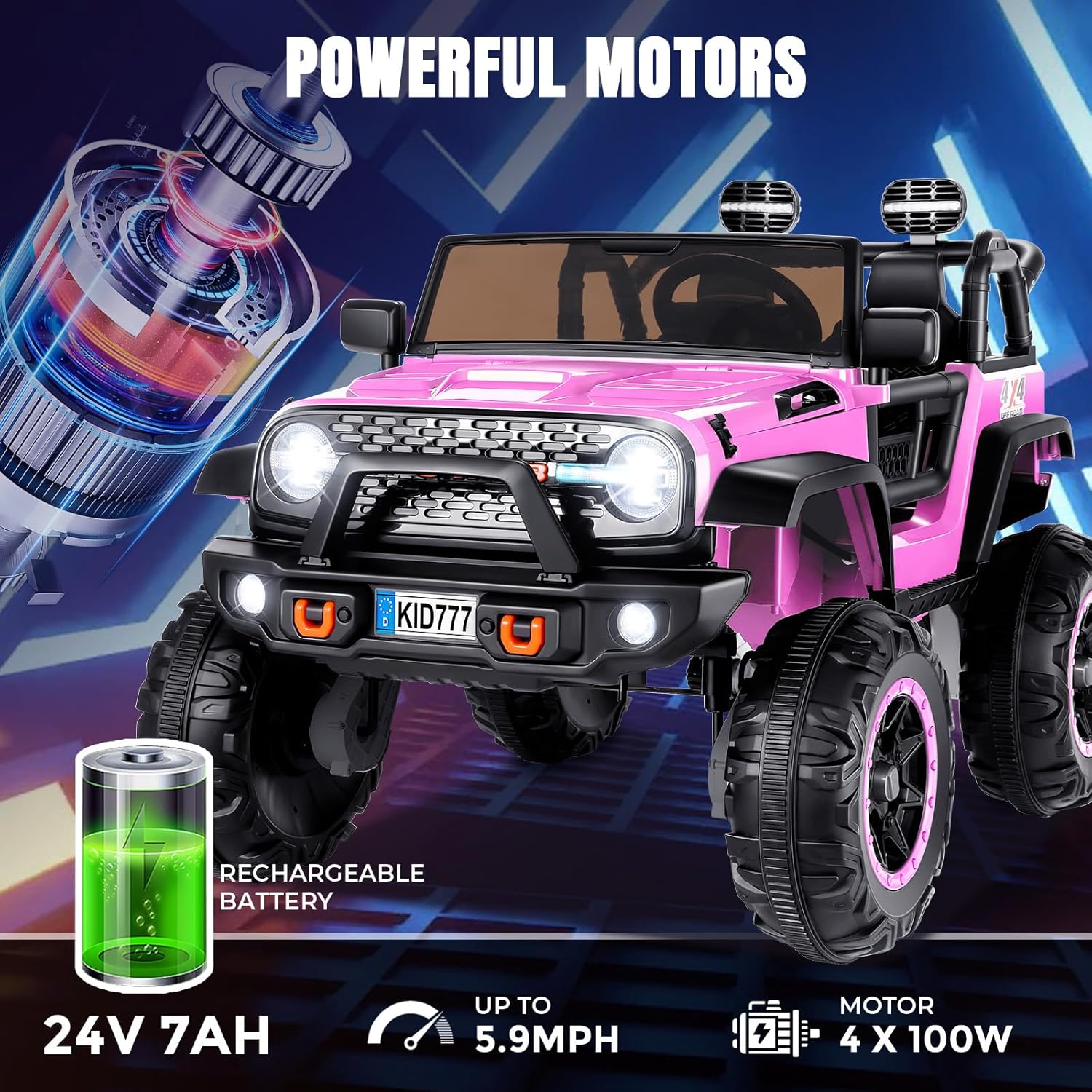 Hikole 24 Volt Ride On Car with Remote Control, 2WD/4WD Switchable 2 Seater XL Electric Car for Kids w/20 Inch Wide Seat, 4X100W Power Toys Wheels 24v Vehicles for Girls w/Music - Pink - Image 4