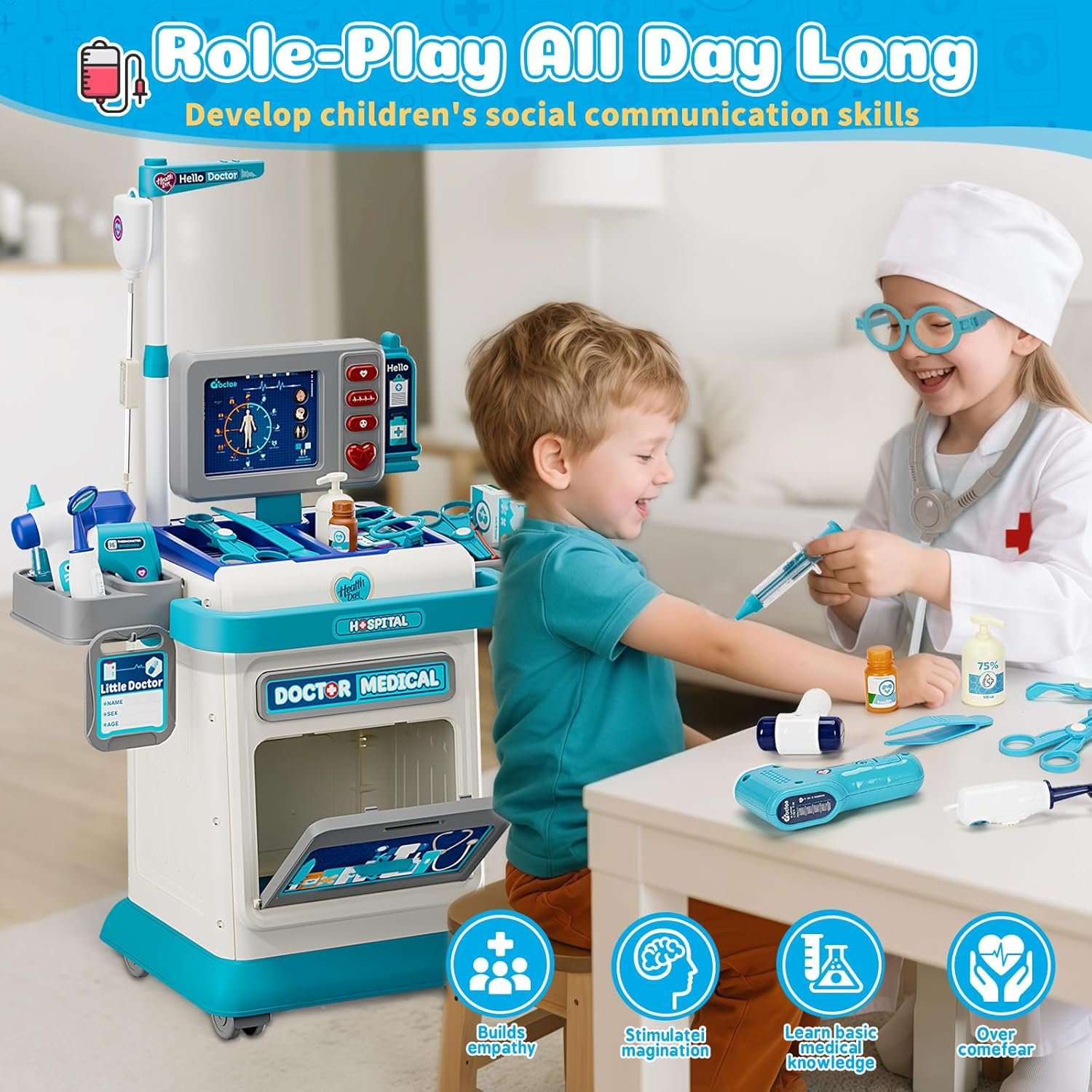 Doctor Kit for Toddlers 3-5, Pretend Doctors Play Set with Cart, Costume and Stethoscope for Kids Aged 3 4 5, Role Play Medical Toys for Girls Boys, Christmas Birthday Educational Gift for Toddler - Image 7