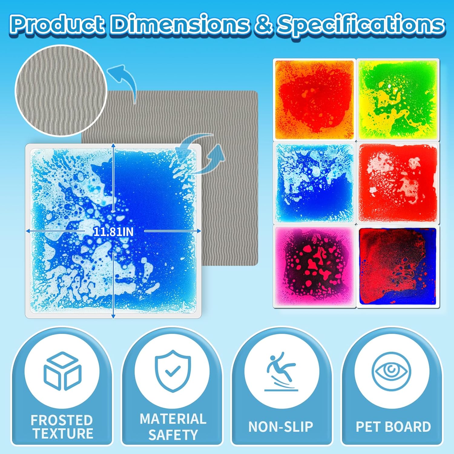 Toddler Sensory Liquid Floor Mats - 6-Piece Liquid Play Mat Pack, 12" x 12" Square Sensory Puzzle Mats for Autism, Lava Brick Dance Step Mats, Montessori Gross Motion Toys for Preschool Classrooms - Image 5