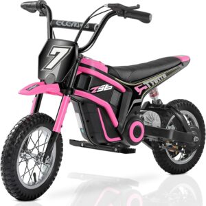 ELEMARA Electric Motorcycle for Kids, Dirt Bike Electric with Music & Bluetooth,350W Chain-Driven Motor,15.5 mph & 150lb Max,Twist-Grip Throttle & Hand-Operated Rear Brake,12″ Air-Filled Tires-Pink