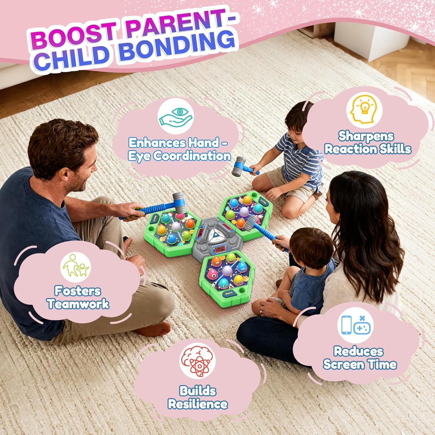 TooLion 3-Player Whack Game Mole for Kids 3-12 Boys Girls - 3 Independent Game Boards,3 Modes with Sound & Light,Safe Educational Pounding Toy,Christmas Birthday Gift for Multi-Kid Families,Green - Image 3