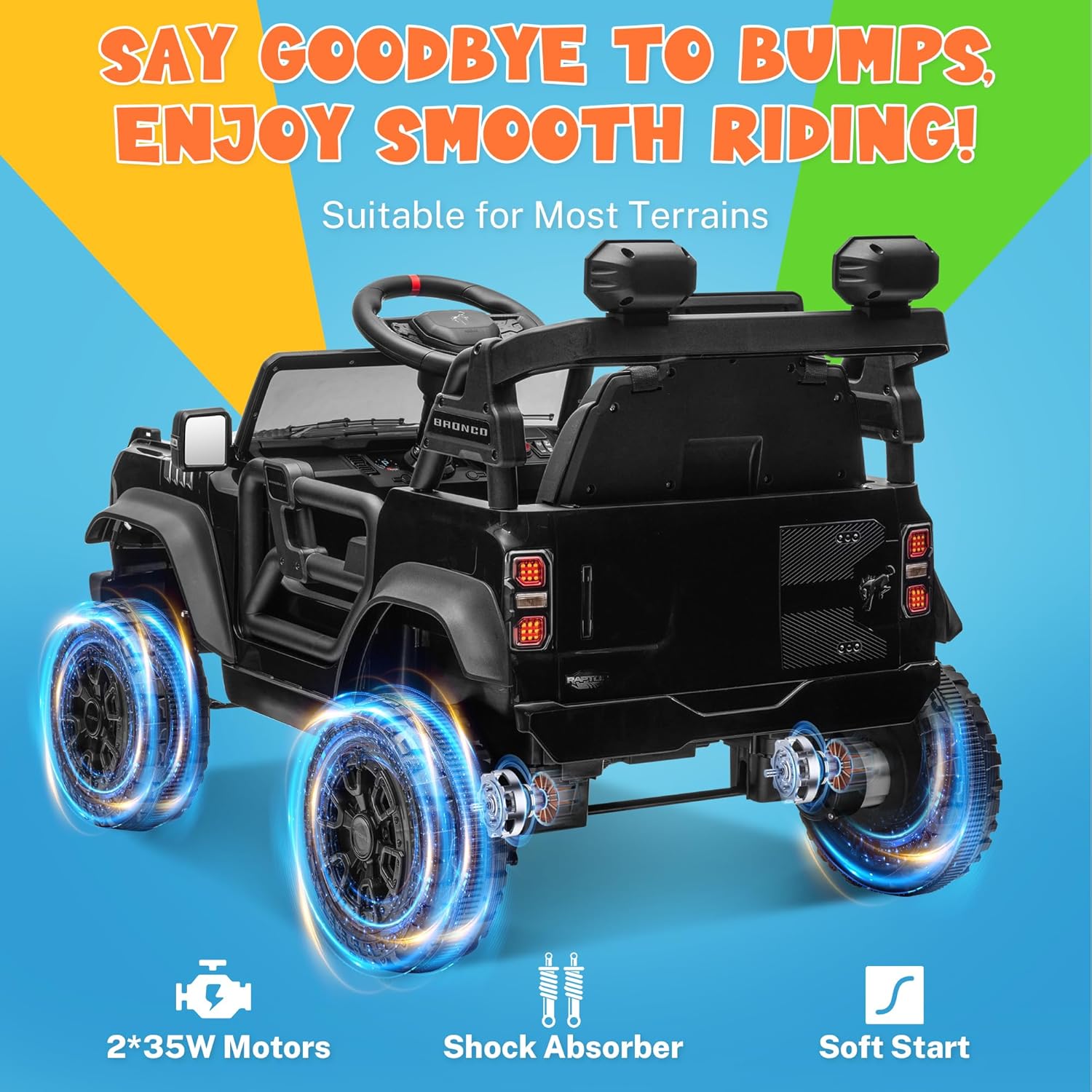 ENYOPRO 12V Licensed Ford Bronco Raptor Ride on Car for Kids, Battery Powered Electric Car for Toddlers w/Remote Control, Spring Suspension, Seat Belt, Bluetooth, Horn, LED Lights, Radio (Black) - Image 3