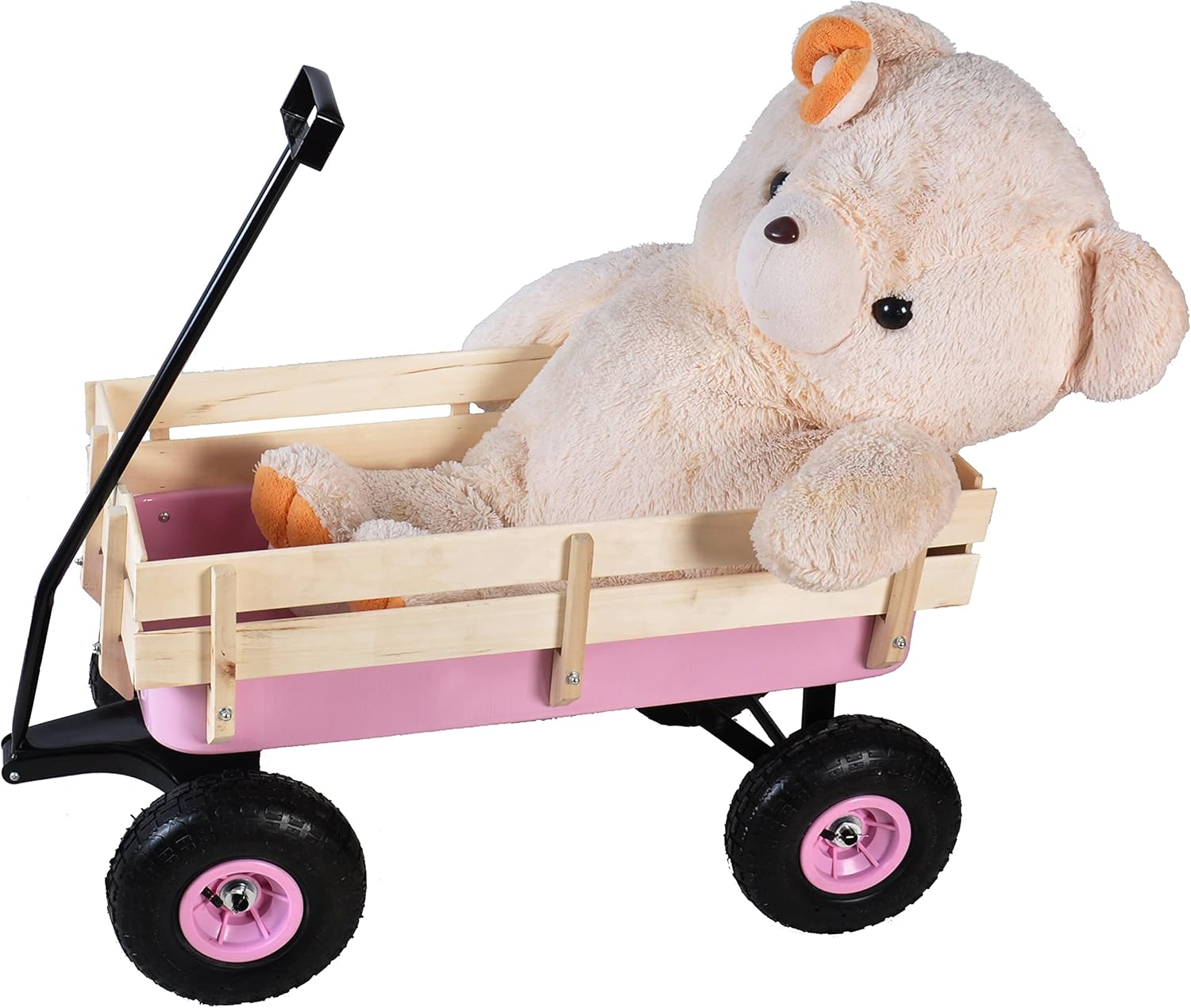 ZeHuoGe Outdoor Sport Pink Wagon All Terrain Pulling w/Removable Wooden Side Panels Air Tires Big Foot Panel Wagon, Pull-Along Wagons (Pink) - Image 5