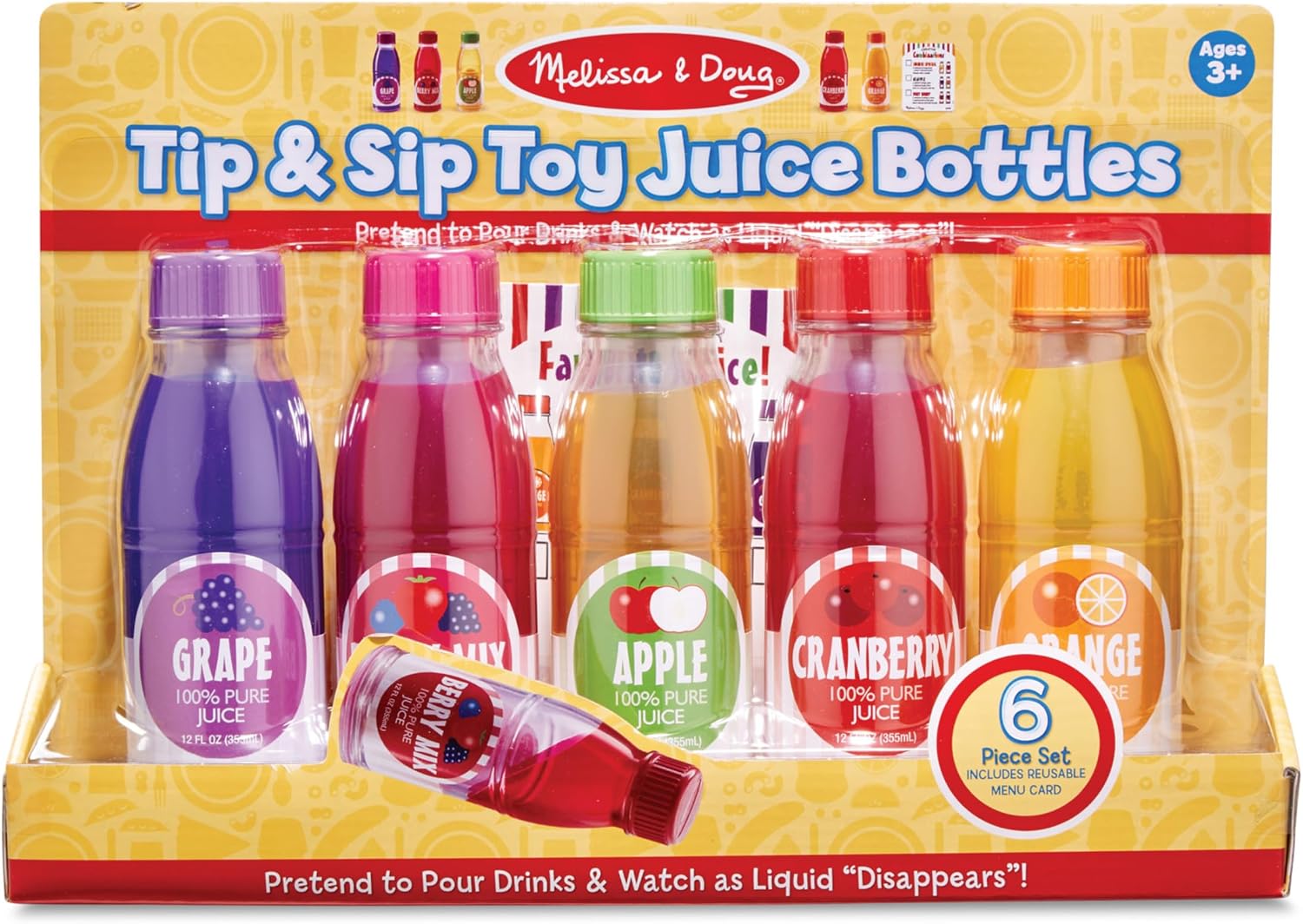 Melissa & Doug Tip & Sip Toy Juice Bottles and Activity Card (6 Pcs) Pretend Play Food Set, Play Kitchen Food For Ages 3+ - Image 6