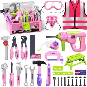 Pink Kids Tool Set for Girls-Toddler Tool Set with Electronic Toy Drill & Tool Box, STEM Pretend Play Construction Toys with Costume Vest, Educational Gifts for Age 3 4 5 6 7 Year Old