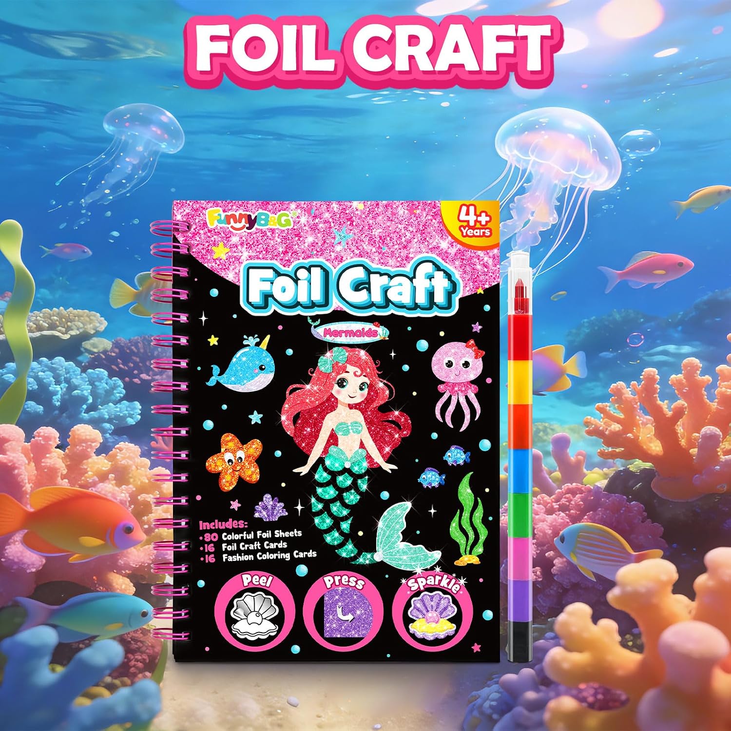 FUNNYB&G Foil Art Crafts for Kids Ages 4-8: Valentines Crafts for Kids 2026,Birthday Gift for Girls,Art and Crafts Supplies,Party Favors,Creative Toys for Girls Boys 4 5 6 7 8 9 Years Old(Mermaids) - Image 3