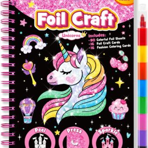 FUNNYB&G Foil Art Craft Kit for Girls 4-10 Years Old: Mess-Free & No-Glue, Create 16 Sparkly Unicorns Pictures – Perfect Travel Toy & Birthday Gift for Kids（Unicorns）