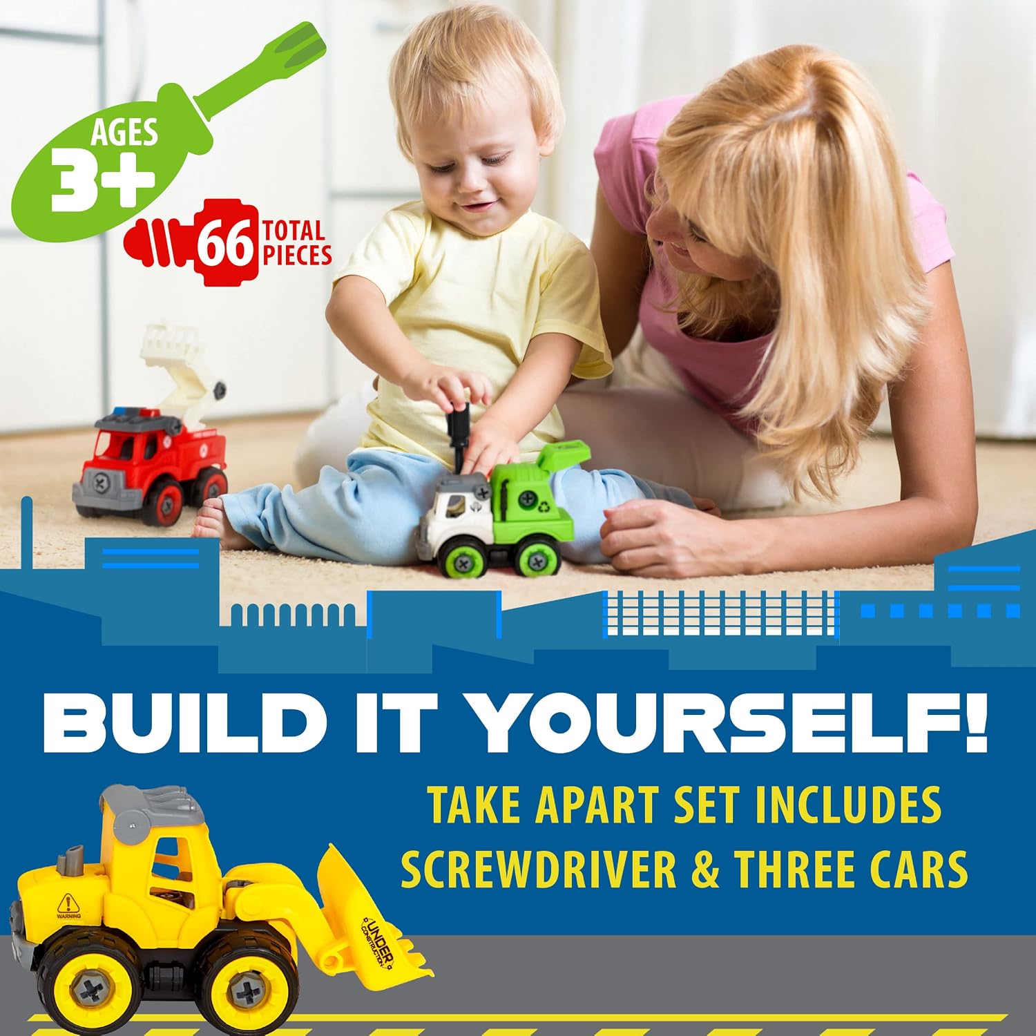 Power Gearz Take Apart Toy with Screwdriver and Screws- 3 Pack Truck Set for Boys and Girls- Fire Truck, Construction Garbage Trucks- Vehicle Set - Building Toys for Kids Ages 3-5 - Image 2