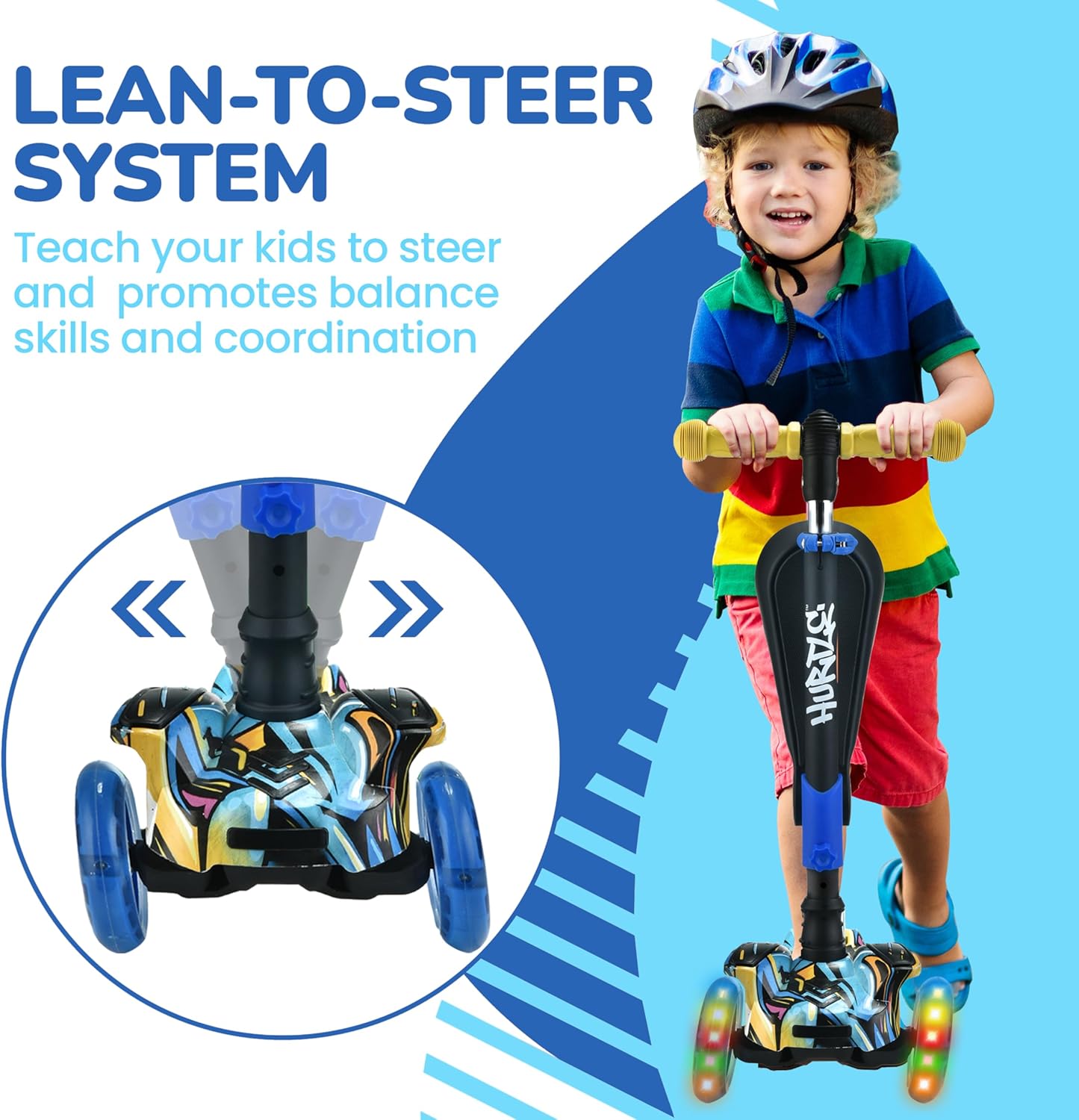 Hurtle 3-Wheeled Scooter for Kids - Wheel LED Lights, Adjustable Lean-to-Steer Handlebar, and Foldable Seat - Sit or Stand Ride with Brake for Boys and Girls Ages 1-14 Years Old - Image 6