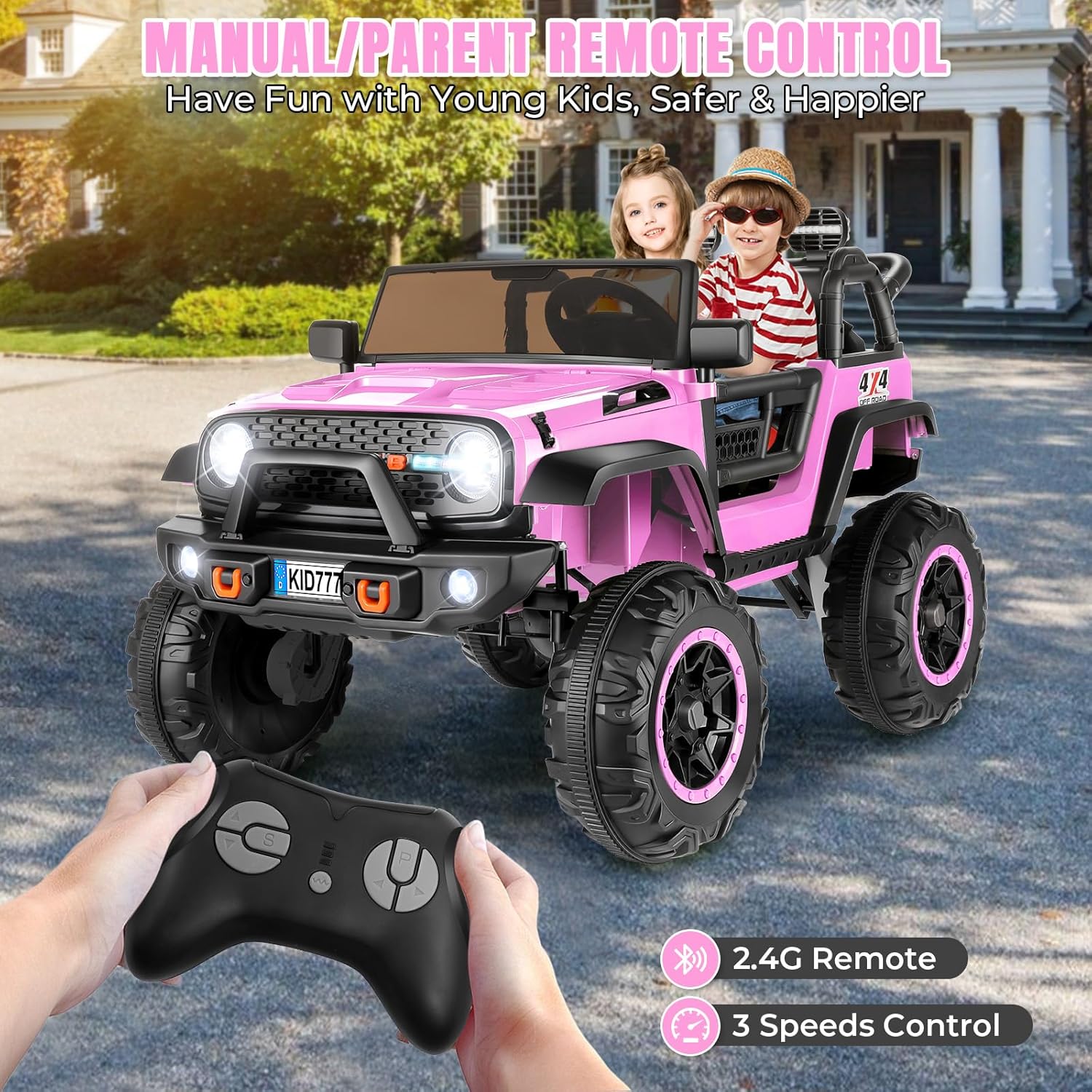 Hikole 24 Volt Ride On Car with Remote Control, 2WD/4WD Switchable 2 Seater XL Electric Car for Kids w/20 Inch Wide Seat, 4X100W Power Toys Wheels 24v Vehicles for Girls w/Music - Pink - Image 5