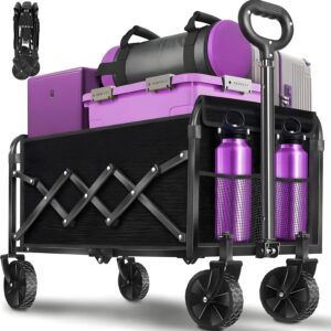 Wagons Carts Foldable,280 LBS Large Capacity Foldable Wagon Cart Collapsible Wagon with Wheels & Drink Holders,Utility Folding Cart for Camping Garden Beach Picinic Grocery Outdoor Shopping(Black)