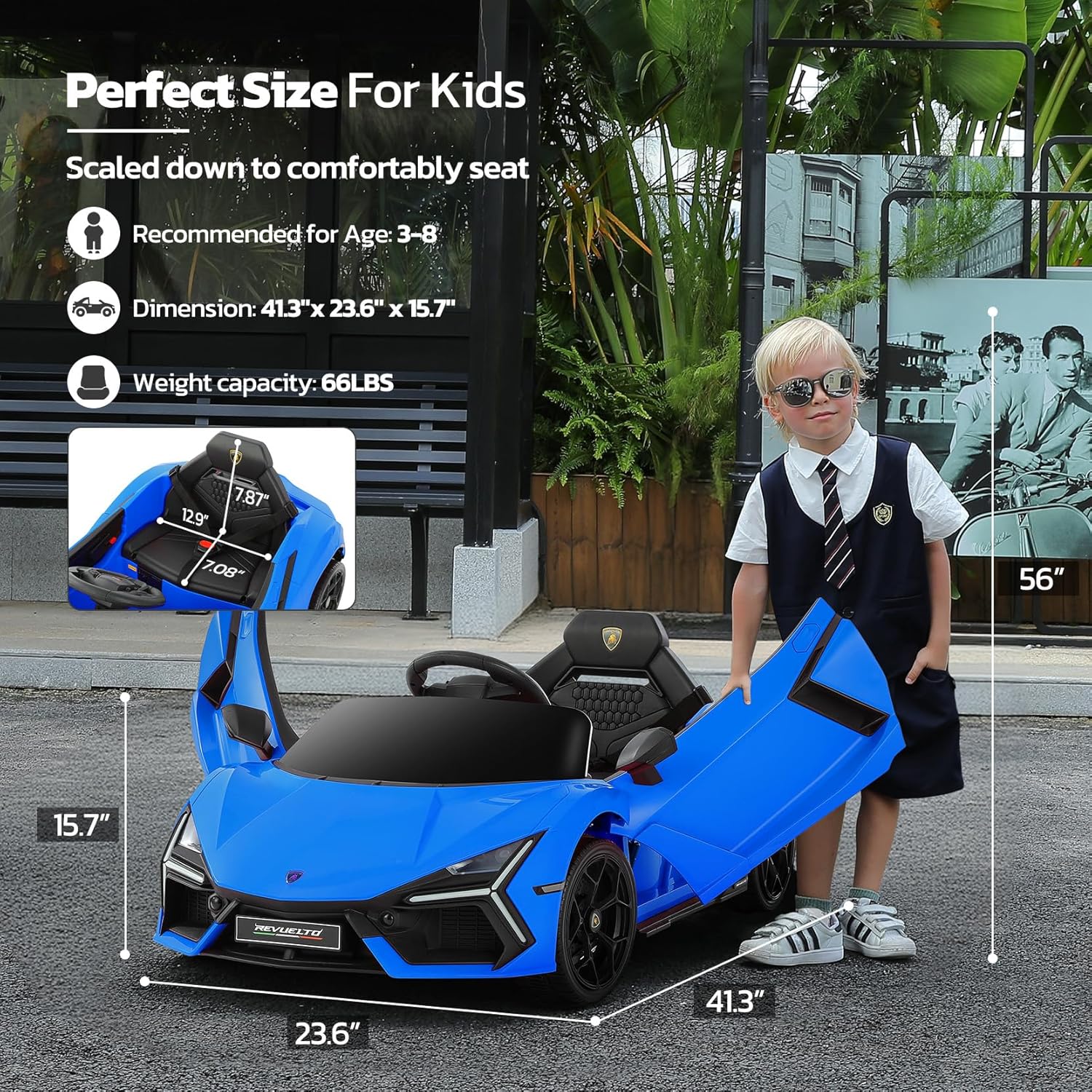 ELEMARA Lamborghini Ride On Car with Scissor Door, Electric Vehicle for Kids with Remote Control,Kid Cars to Drive with MP3 Player, Bluetooth, LED Light and Wide Seat, Navy Blue - Image 2