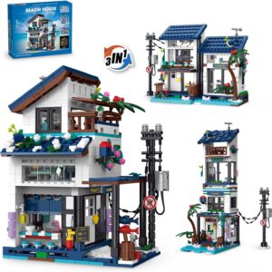 3 in 1 Beach House Building Set, Compatible with Lego Friends Seaside Villa, Construction Educational Toy with Light, Birthday Gift for Kids Girls Aged 8-12 (813 PCS)