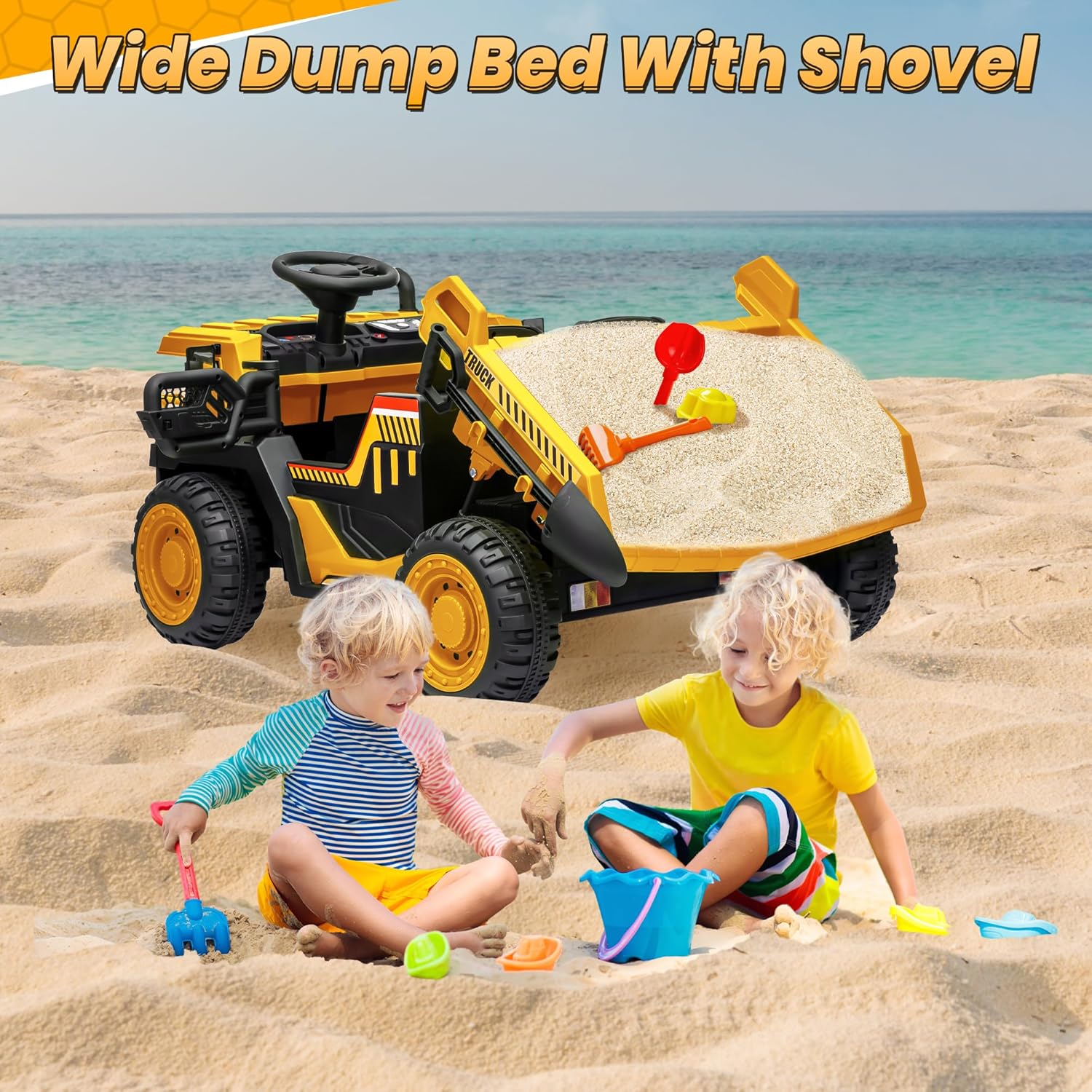 JOYRACER 24V 2 Seater Ride on Dump Truck w/400W Motors, Kids Electric Truck w/20'' Two Seater Ride on Construction Vehicle w/Dump Bed and Shovel, 4.9MPH Max, Power Car Wheelers for Kids, Yellow - Image 5