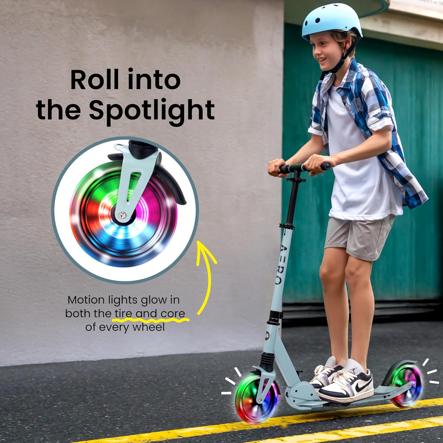AERO MOBILITY Kick Scooter for Kids 6+, Teens & Adults | Light Up Wheels, Hand Brake, Rubber Deck Mat & Shock Absorption | Foldable & Height Adjustable - Image 2