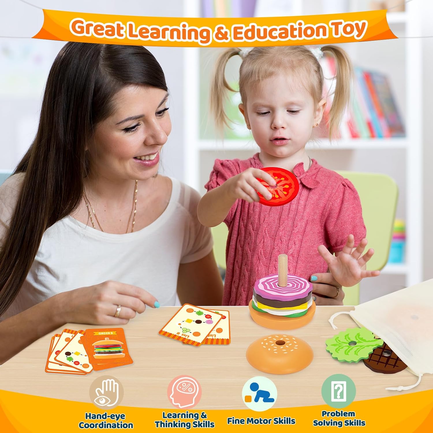Jumlys Montessori Wooden Burger Stacking Toys for 2, 3, 4, 5 Year Olds, Fine Motor Toys for Kids Boys Girls, Ideal Preschool Educational and Learning Toys, Perfect Christmas Birthday Gifts - Image 6