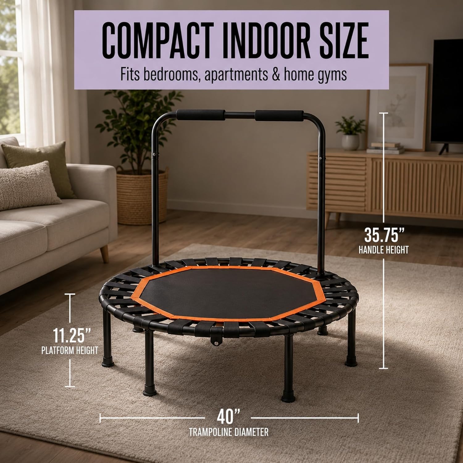 Lunai 42-Inch Octagonal Indoor Rebounder with Handle | Compact Fitness Trampoline for Adults & Kids | Safe, Sturdy Home Cardio Trainer for Exercise & Balance - Image 3