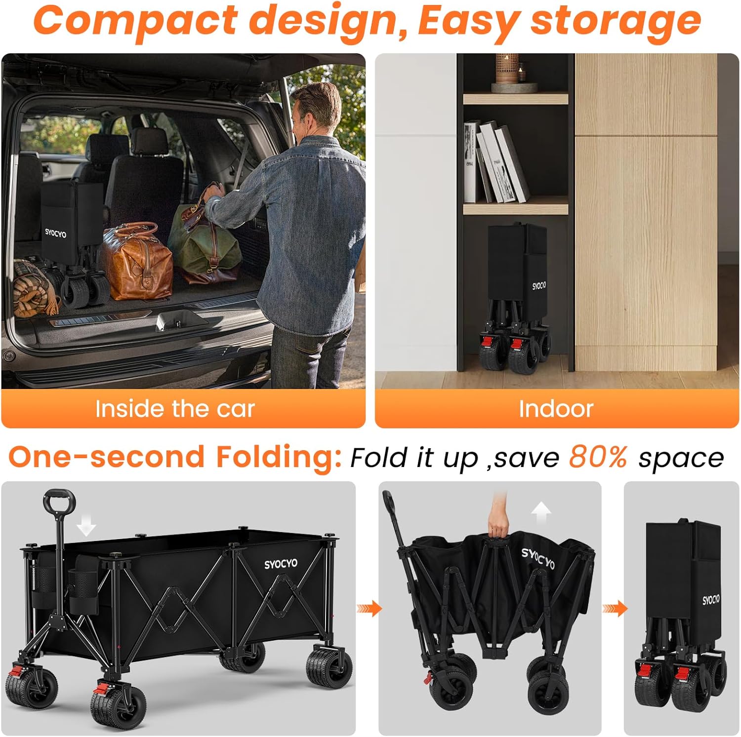 Beach Wagon Carts Foldable 570LBS Collapsible Wagon with Big All-Terrain Wheels for Sand 330L Heavy Duty Utility Carts with Cup Holders for Garden, Camping, Grocery, Black - Image 6