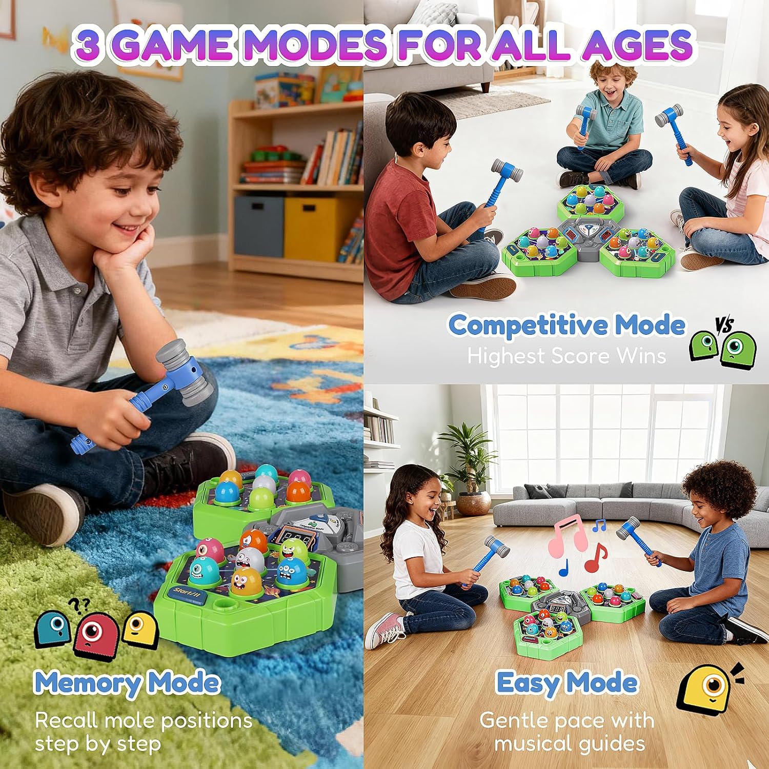 TooLion 3-Player Whack Game Mole for Kids 3-12 Boys Girls - 3 Independent Game Boards,3 Modes with Sound & Light,Safe Educational Pounding Toy,Christmas Birthday Gift for Multi-Kid Families,Green - Image 2