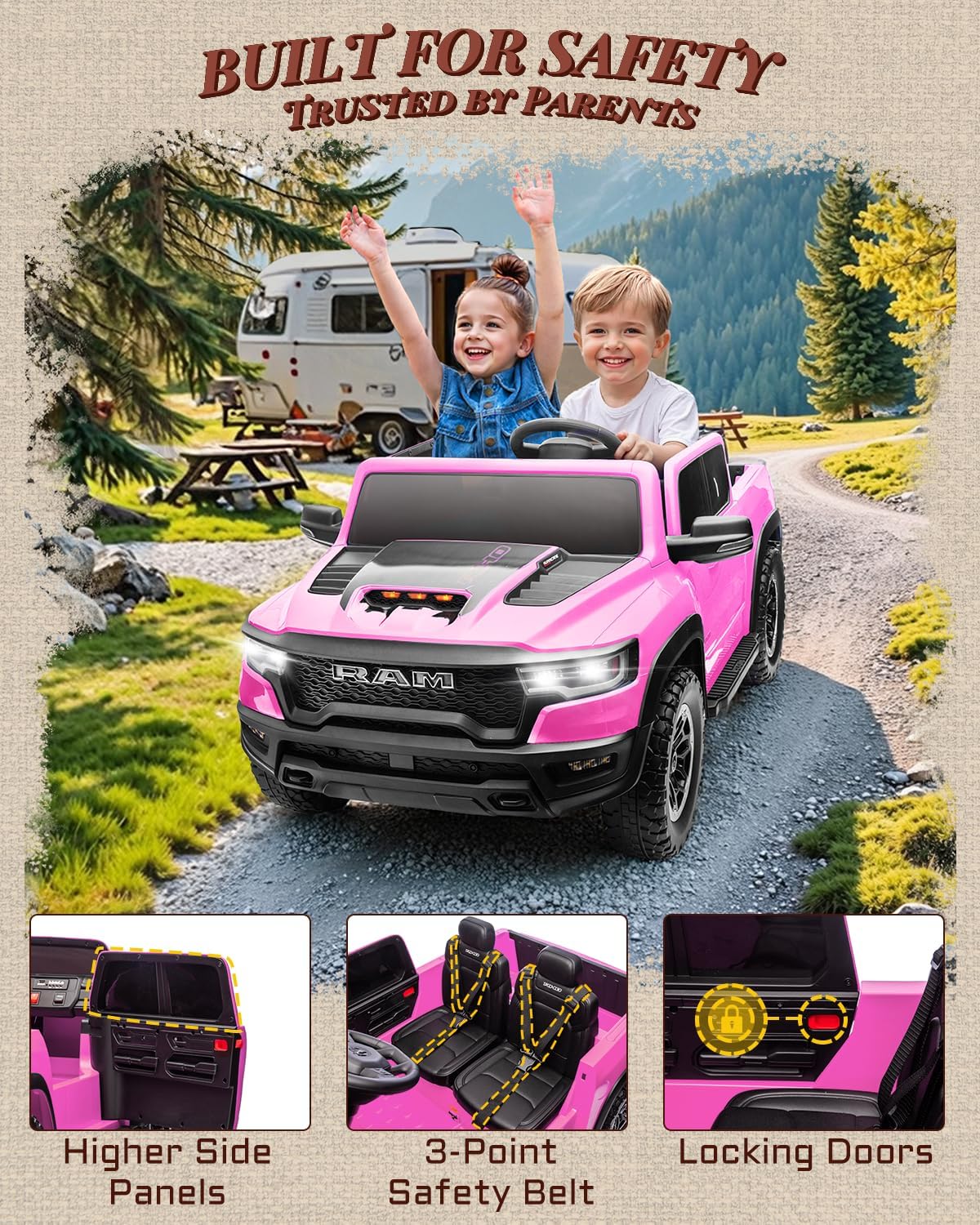 First Ride On 24V Ride On Toys for Big Kids, RAM 1500 2 Seater Ride on Car w/Remote, Battery Powered Truck w/ 4 Wheels Suspension, Toddler Car w/Bluetooth, LED Lights, Trunk - Image 9