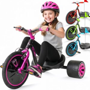 Drift Trike for Kids Ages 5+ – 16″ Front Wheel Ride-On with Adjustable Seat, Steel Frame, Rear Slick Drift Wheels & Safety Flag – Madd Gear (Pink/Teal)