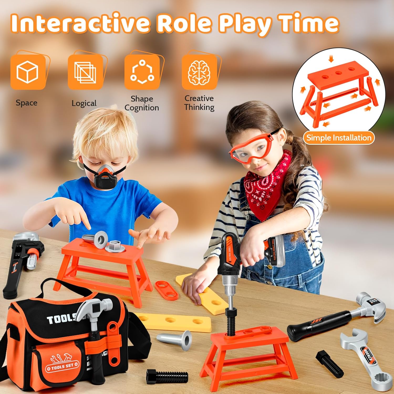 Kids Tool Set 49 PCS, Portable Tool Bag with Battery Powered Toy Drill & Adjustable Belt, Pretend Play Toddler Tool Set, Construction Toys for Boys & Girls Age 3-8, STEM Gifts - Image 6