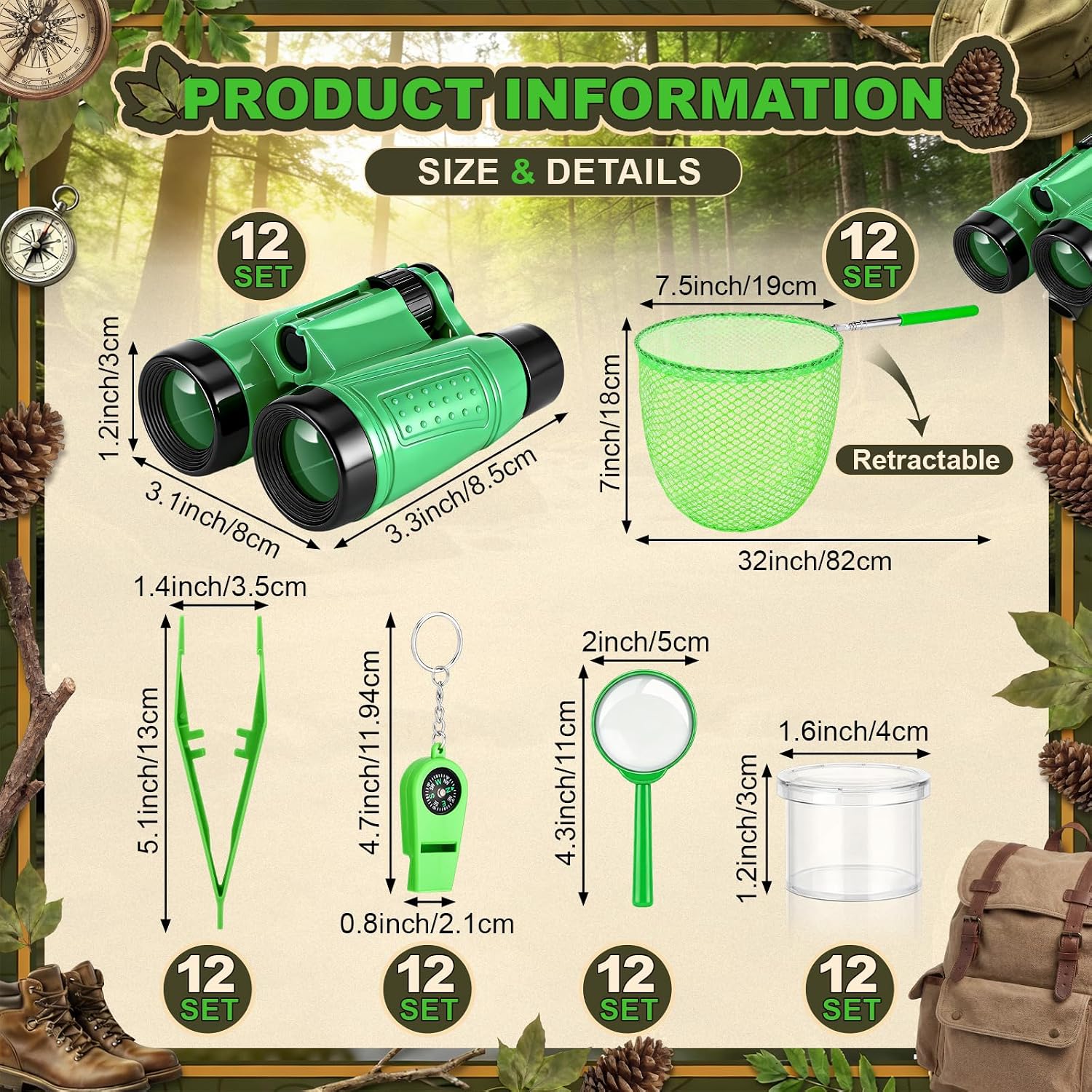 Sabary 12 Set 72 Pcs Explorer Kit Bug Catching Kit for Outdoor with Binoculars, Butterfly Net, Magnifying Glass, Compass Whistle, Tweezers and Observation Box for Outdoor Hiking Wilderness Adventure - Image 2