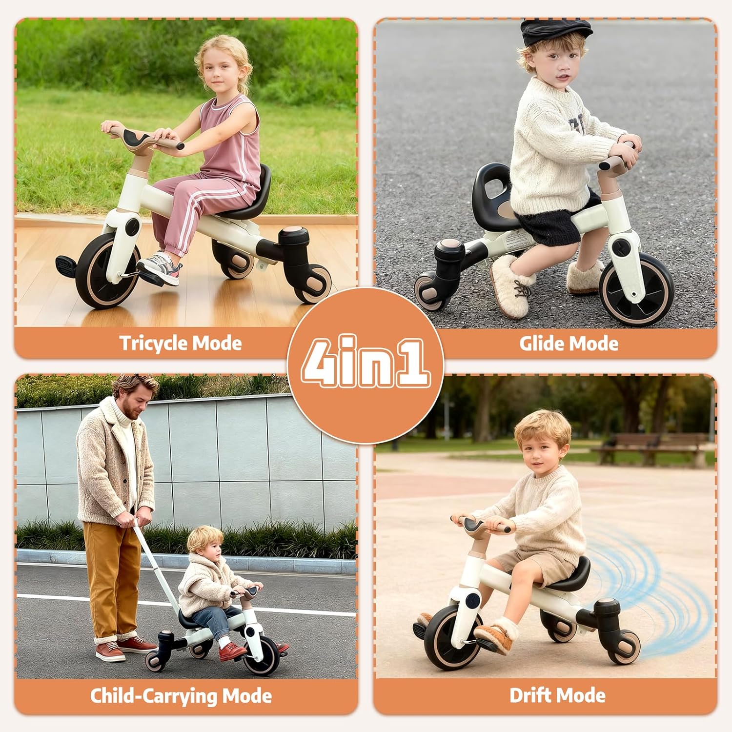 4-in-1 Toddler Tricycle for Ages 3-5, Kids Tricycle with Adjustable Push Handle, Convertible Drift Trike & Balance Glider Ride On Toy - Image 2