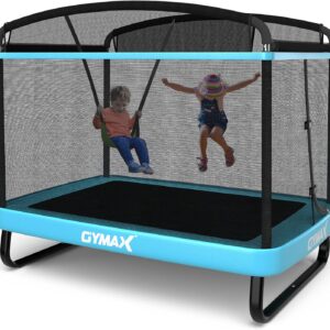 GYMAX Trampoline for Kids, 6FT Toddler Trampoline with Swing & Enclosure Safety Net, ASTM Approved Rectangle Recreational Trampoline for Indoor/Outdoor, Birthday for Baby Boys & Girls